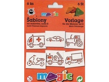 Magic papírové šablony sada E, 6 motivů s tématikou pozemní dopravy pro kreativní tvoření