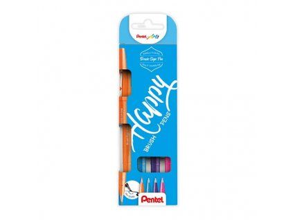 Pentel Brush Sign Pen SES15 sada 4 ks Happy, štětcové fixy pro kaligrafii a lettering