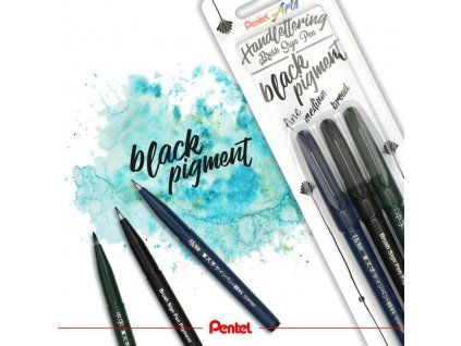 Pentel Brush Sign Pen Pigment, sada 3 ks, štětcové fixy s černým inkoustem
