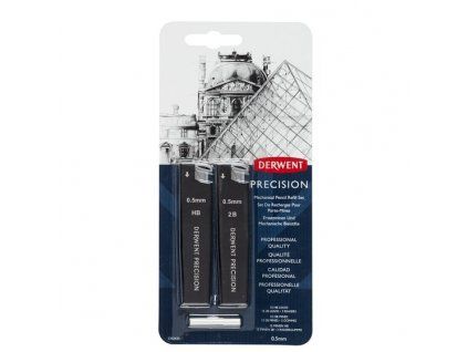 Náhradní grafitové tuhy Derwent Precision 0,5 mm, tvrdosti HB a 2B, balení s pryžemi