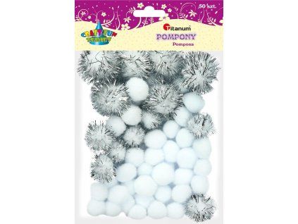 Bambulky pompom Titanum mix bílé a stříbrné barvy, sada 50 ks pro kreativní tvoření