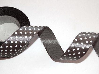 Saténová dekorační stuha AKSA 25 mm x 22 m, šedá s puntíky, jemný lesk