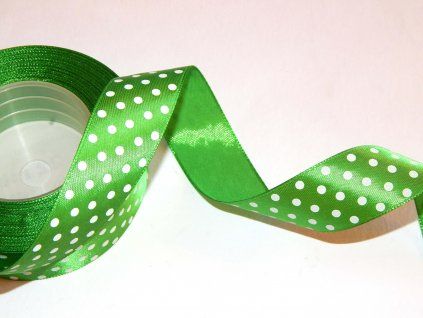 Saténová dekorační stuha AKSA 25 mm x 22 m, zelená s puntíky, jemný lesk