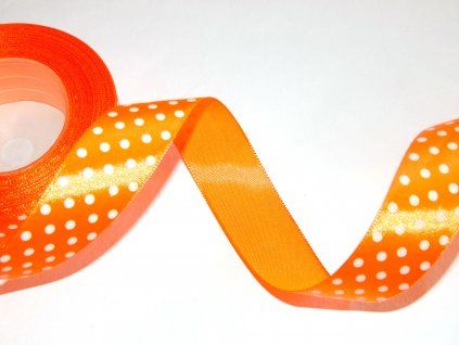 Saténová dekorační stuha AKSA 12 mm x 22 m, oranžová s bílými puntíky