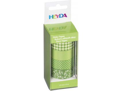 Deco pásky Heyda 15 mm x 5 m, sada 4 rolí světle zelené, motivy kostičky, puntíky, kytičky
