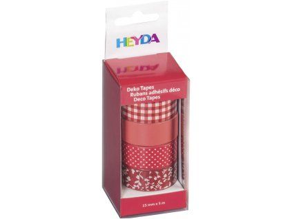 Heyda Deco páska 15 mm x 5 m, sada 4 rolí, červená, motivy kostičky a puntíky