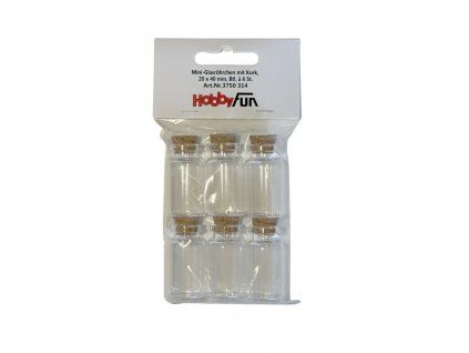HobbyFun mini skleněné lahvičky 20x40 mm s korkovou zátkou, sada 6 kusů
