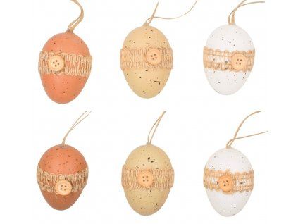 Plastová velikonoční vajíčka s knoflíkem a mašlí, sada 6 ks ve 3 barvách, výška 6 cm
