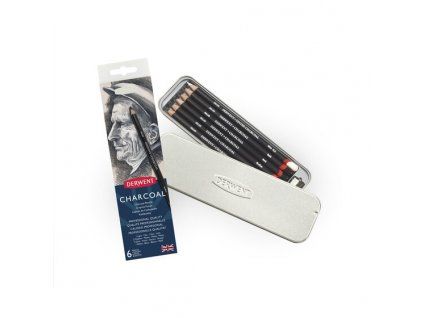 Derwent Charcoal uhel v tužce, sada 6 ks v plechové etui, odstíny Light, Medium, Dark