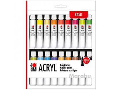 Sada 18 akrylových barev Marabu Acrylic Paints, tuby po 12 ml, základní odstíny