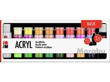 Sada akrylových barev Marabu Acrylic Paints, 32 odstínů po 3,5 ml a 2 lahvičky 59 ml