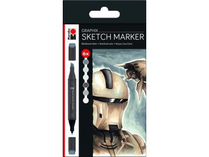 Sada 6 popisovačů Marabu Sketch Marker Graphix Alpha Robot, alkoholové fixy, zářivé barvy