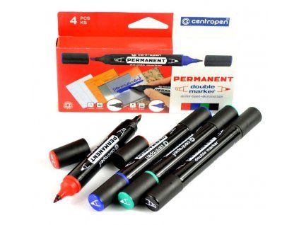 Centropen Double Marker 1666, sada 4 permanentních fixů, barvy černá, červená, modrá, zelená