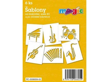 Magic papírové šablony sada 6 ks, motiv hudební nástroje, karton 220 g, formát 11x14 cm