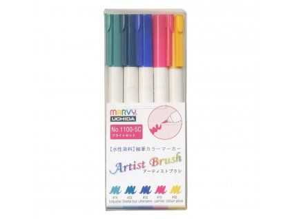 Marvy Artist Brush 1100 sada 5 ks BRIGHT, štětcové fixy s pigmenty na vodní bázi