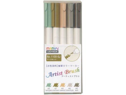 Marvy Uchida Artist Brush 1100 sada 5 ks EARTH, štětcové fixy s měkkým hrotem