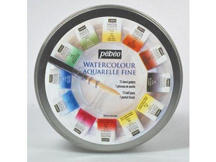 Pébéo Studio Aquarelle sada 12 akvarelových barev v kovové kulaté etui se štětcem
