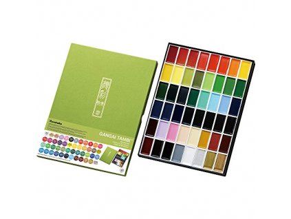 Kuretake Gansai Tambi sada 48 akvarelových barev, tradiční japonský akvarel, sytý pigment