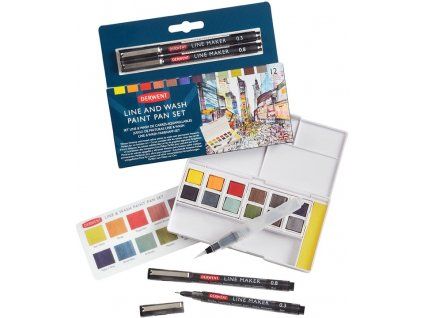 Derwent Line and Wash Paint Set, sada 12 akvarelových kostiček s linery a vodním štětcem