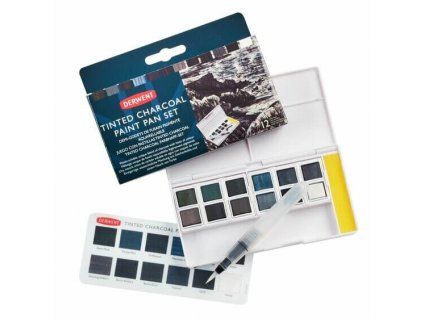 Derwent Tinted Charcoal Paint Set, akvarelová sada 12 tlumených tónů s uhlovým základem