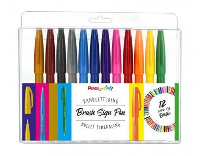 Pentel Touch Brush Sign Pen sada 12 základních odstínů, štětcové popisovače