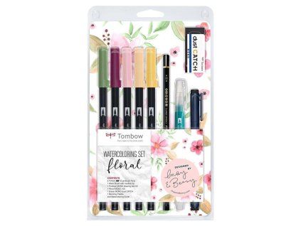 Tombow akvarelová sada Floral, ABT Dual Brush Pen, vodní štětec, fineliner, tužka, pryž a paleta