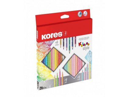 Kores Kolores Style trojhranné pastelky sada 26 barev, základní, metalické a neonové odstíny