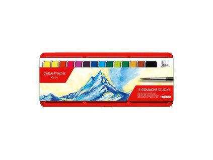 Caran d'Ache Gouache Studio, sada 15 barev, 14 tablet a bílá v tubě v kovovém pouzdře