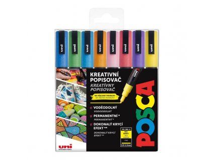Uni Posca PC-3M akrylový popisovač sada 8 třpytivých barev, šířka stopy 0,9 až 1,3 mm