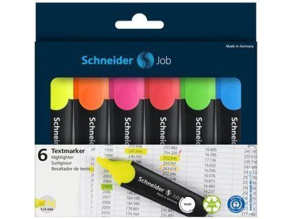 Schneider Job 150 sada 6 zvýrazňovačů, zkosený hrot, šířka stopy 1-5 mm, inkoust na vodní bázi