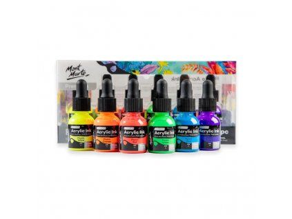 Mont Marte Premium sada 6 fluo akrylových inkoustů, každá lahvička 20 ml s pipetou