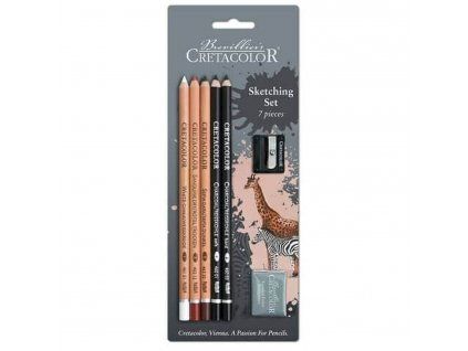 Cretacolor Skicovací sada 7 ks, uhlové tužky Soft a Hard, sepie, bílá křída, ořezávátko a guma