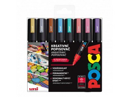 Sada 8 akrylových popisovačů Uni Posca PC-5M v metalických barvách, šířka stopy 1,8–2,5 mm
