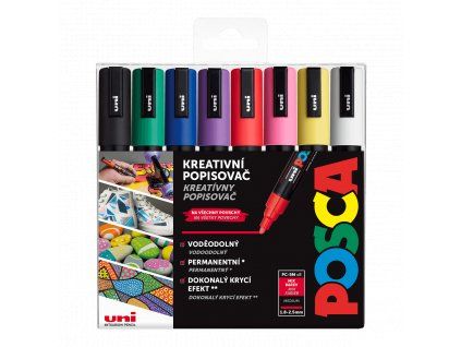 Sada 8 akrylových popisovačů Uni Posca PC-5M, stopa 1,8-2,5 mm, základní barvy