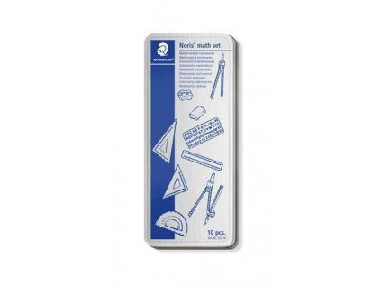 Rýsovací sada Staedtler 557 10 v kovovém boxu, kružítko, pravítka, úhloměr, pryž a ořezávátko