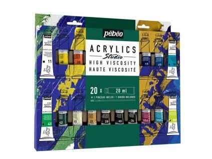 Pébéo Studio Acrylic sada 20 x 20 ml, 20 akrylových barev v pestrých odstínech + štětec