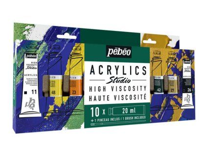 Pébéo Studio Acrylic sada 10 x 20 ml, 10 akrylových barev v pestrých odstínech + štětec