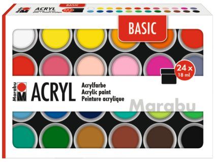 Sada 24 kelímků akrylových barev Marabu Acrylic Paints BASIC, každý kelímek 18 ml