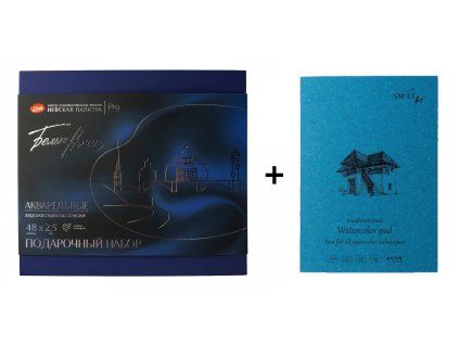Sada Akvarelových barev White Nights 48 ks v modré dřevěné kazetě + Blok SM.LT Watercolor Pad A5 280g, 35 listů