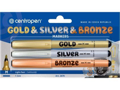 Sada metalických popisovačů Centropen 2670, zlatá, stříbrná a bronzová, stopa 1 mm