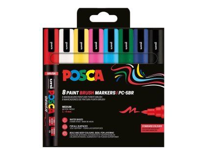 Uni POSCA PC-5BR sada 8 základních barev, akrylový štětcový popisovač, stopa 1–4 mm