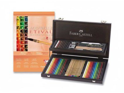 Faber-Castell Compendium 53 ks v dřevěné kazetě + blok Clairefontaine Etival A4, 300g