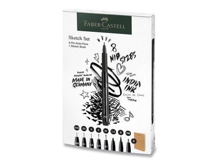 Faber-Castell Pitt Artist Pen popisovače sada 8+1 se skicářem, černý pigmentový inkoust