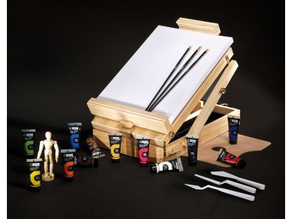 Raphael Campus Set Easel Discovery, sada 12 akrylových barev po 21 ml v dřevěném kufříku se stolním stojanem