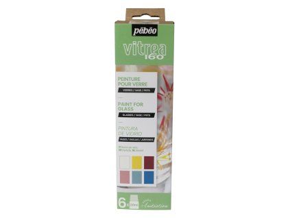 Pébéo Vitrea 160 lesklá sada 6×20 ml, průhledné vypalovací barvy na sklo a křišťál