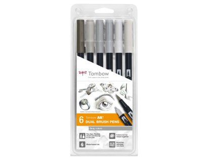 Tombow ABT oboustranné štětcové fixy, sada 6 šedých odstínů pro kresbu a lettering