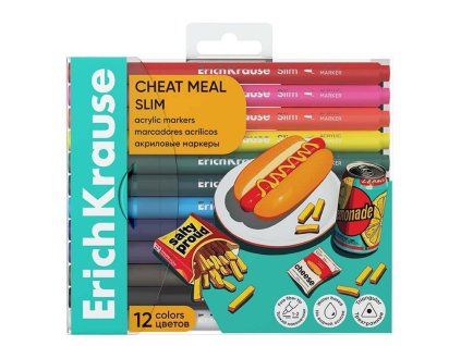 ErichKrause Cheat Meal Slim sada 12 akrylových fixů s tenkým hrotem 1-2 mm, trojhranné tělo